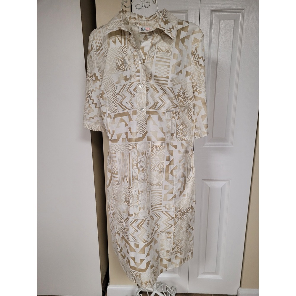 Denim & Co Women Tan White Stretch Aztec Print Shirt Dress Short Sleeve Size L